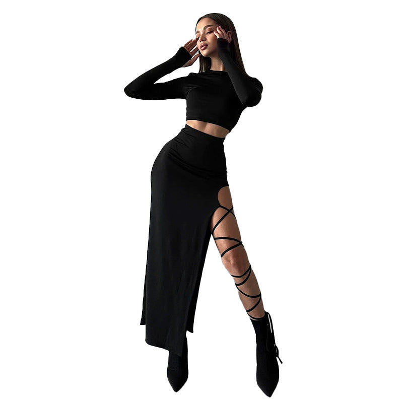 Women's Elegant Long-Sleeved High-Waisted Top with Side Slit Cut-out Skirt