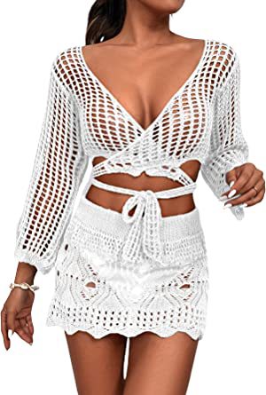 Dame heklet Crop-Top og miniskjørt-sett med elegante knytte-detaljer Skjora