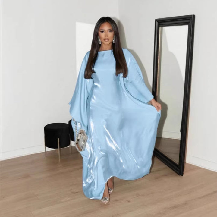 Damer Glamorous Satin Maxi Kjole med Bred Belte og Elegante Ermer Skjora