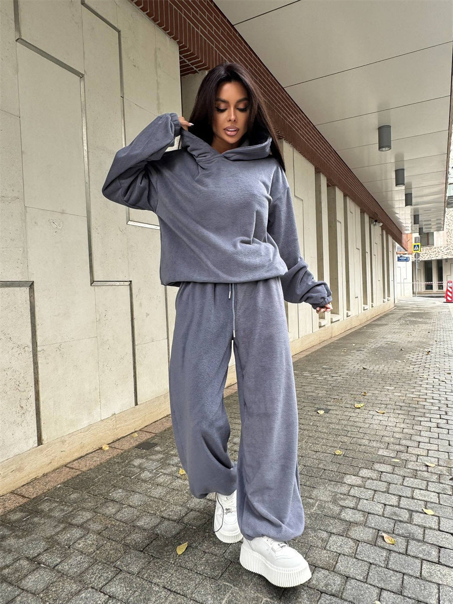 Dame Fleece Lounge Wear Set med hette og løs passform Skjora