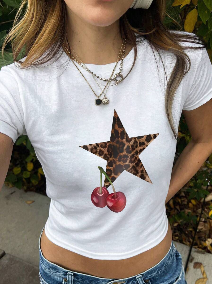 Damer Crop-T-skjorte med kreativt øye-motiv og turtrykk Skjora