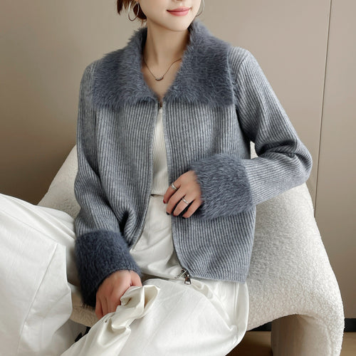Dame cardigan med luksuriøs fake pelskrage og ribbet tekstur Skjora