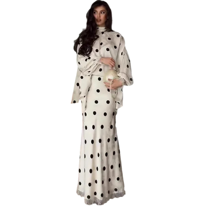 Damer Elegant Maxi Kjole med Dobbel Hem Design og Prikket Mønster
