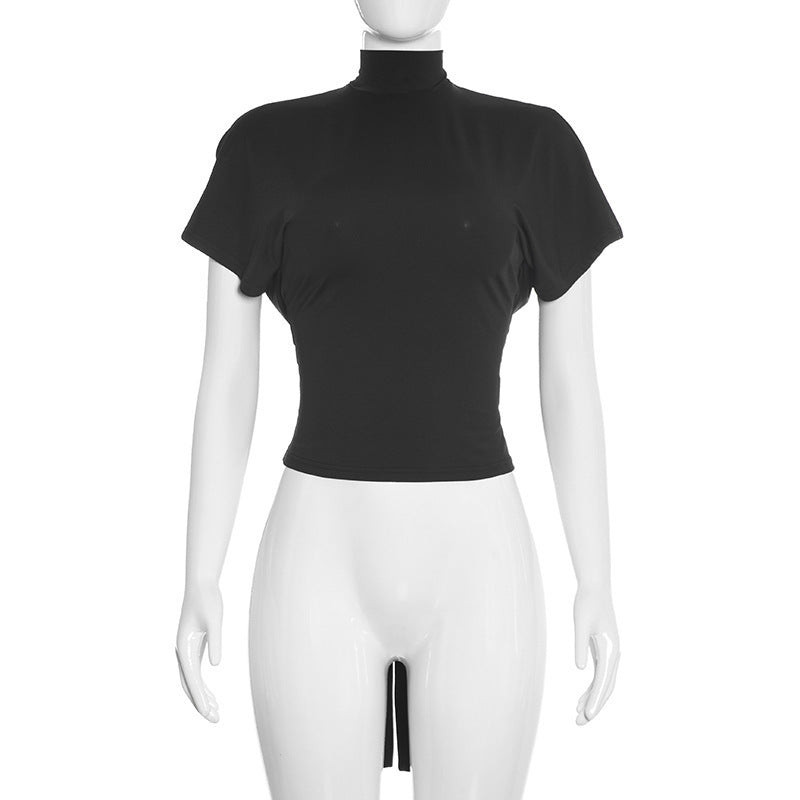 Dame Cropped topp med høy mot hals krage og voluminøse ermer Skjora