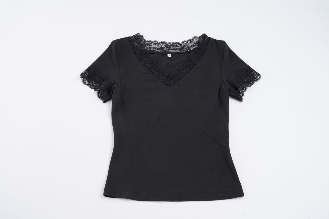 Dame Elegant spiss T-skjorte med V-hals og kort erm Skjora