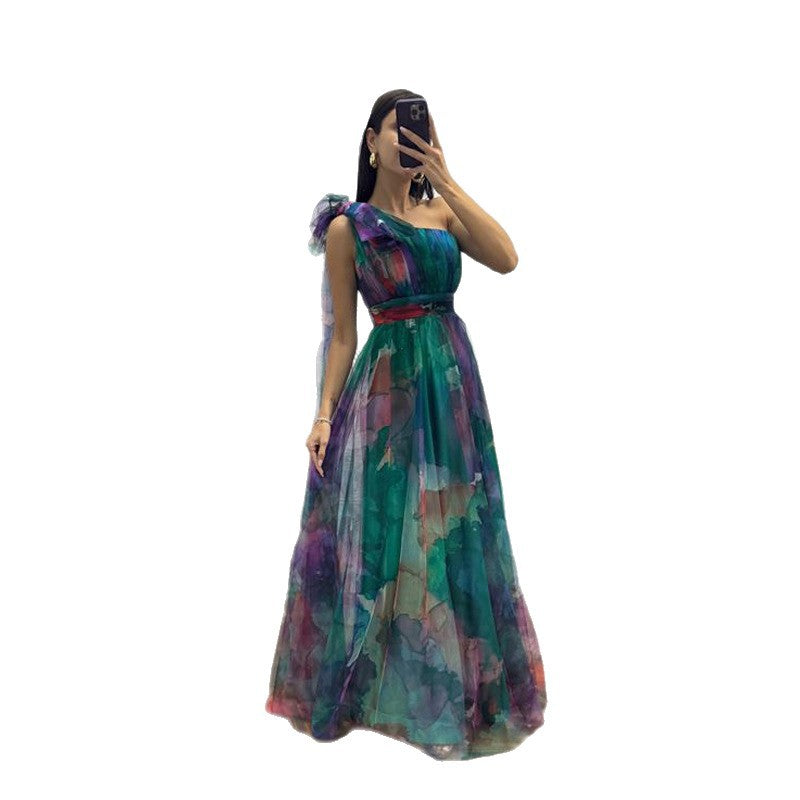 Kvinners Festlige Maxi Kjole med Gjennomsiktig Chiffon Overlay og Delikat Volangdesign