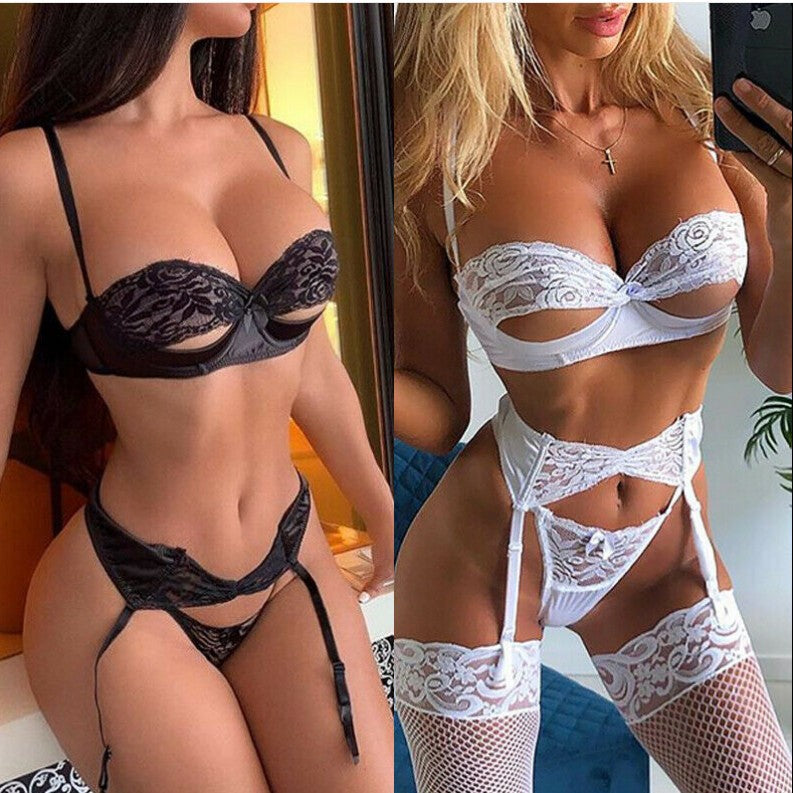 Damer Forførende Blonde-Bustier-Sett med delikate Stropper og sexy Truser Skjora