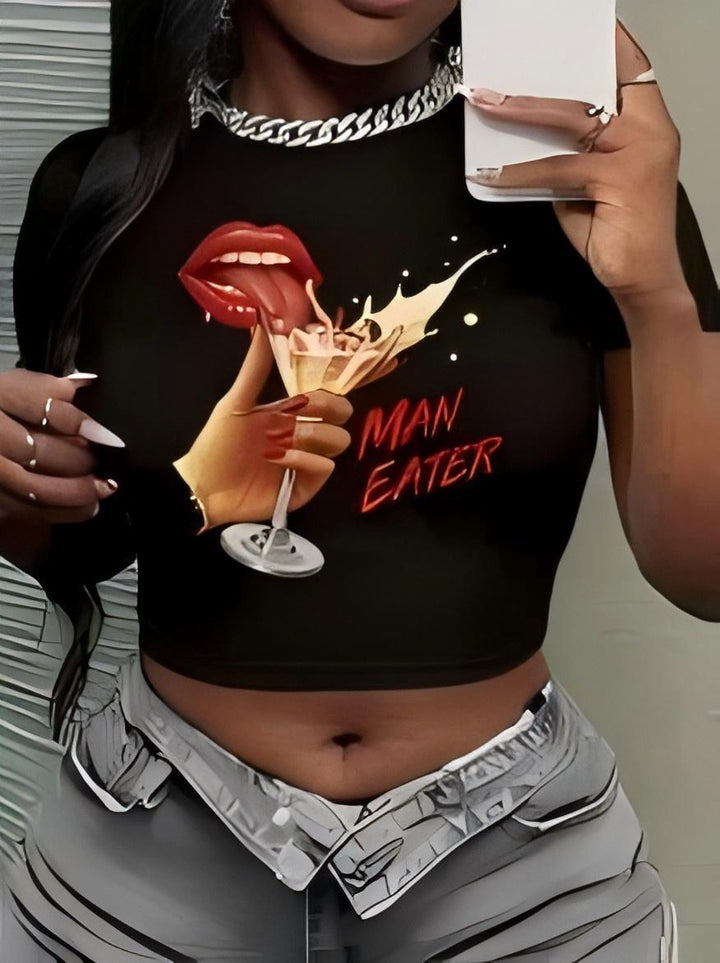 Dame Crop-Top med kunstnerisk statement-trykk Skjora