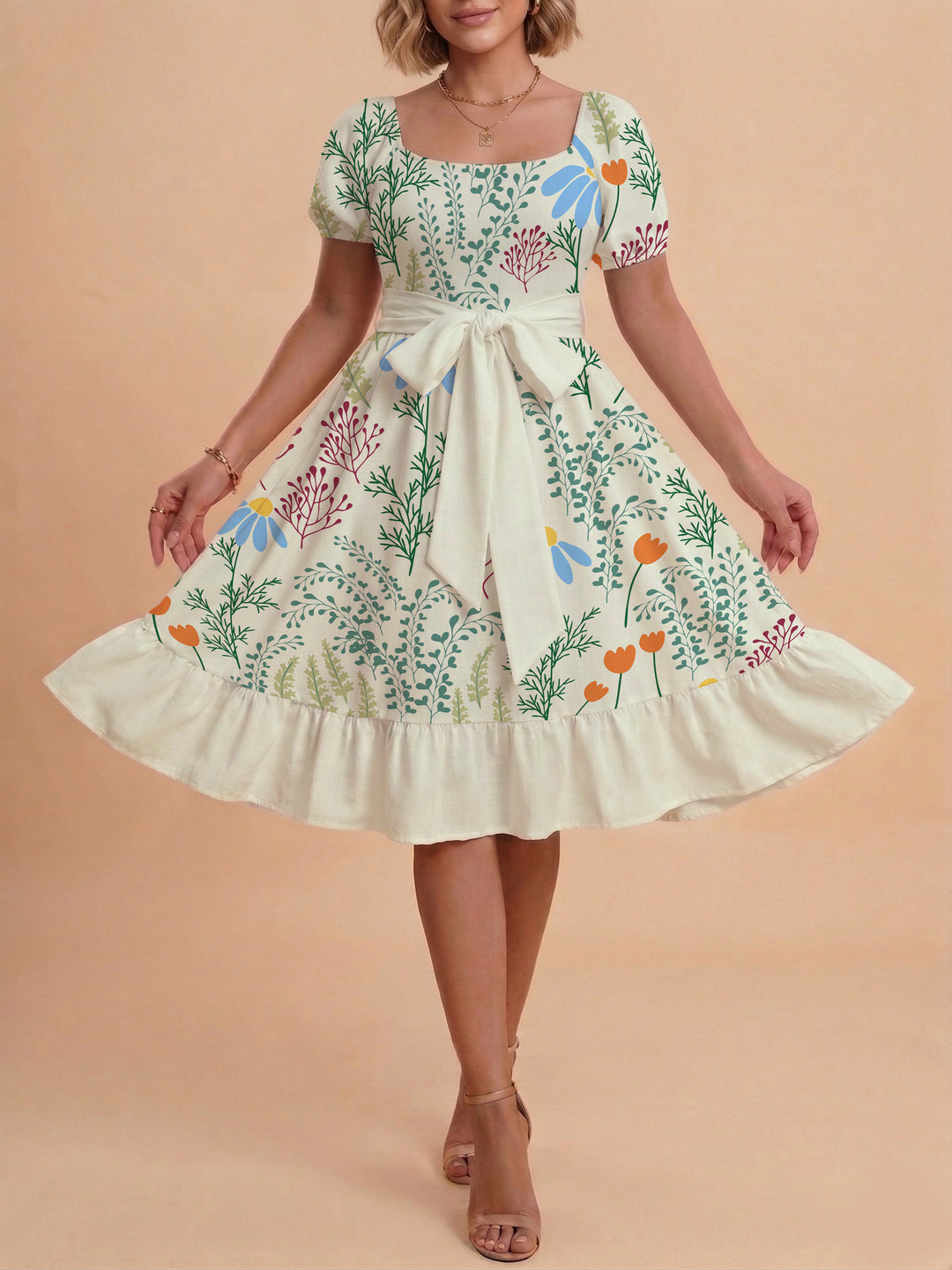 Damen modernes Blumenkleid mit elegantem Taillengürtel und asymmetrischem Saum Skjora