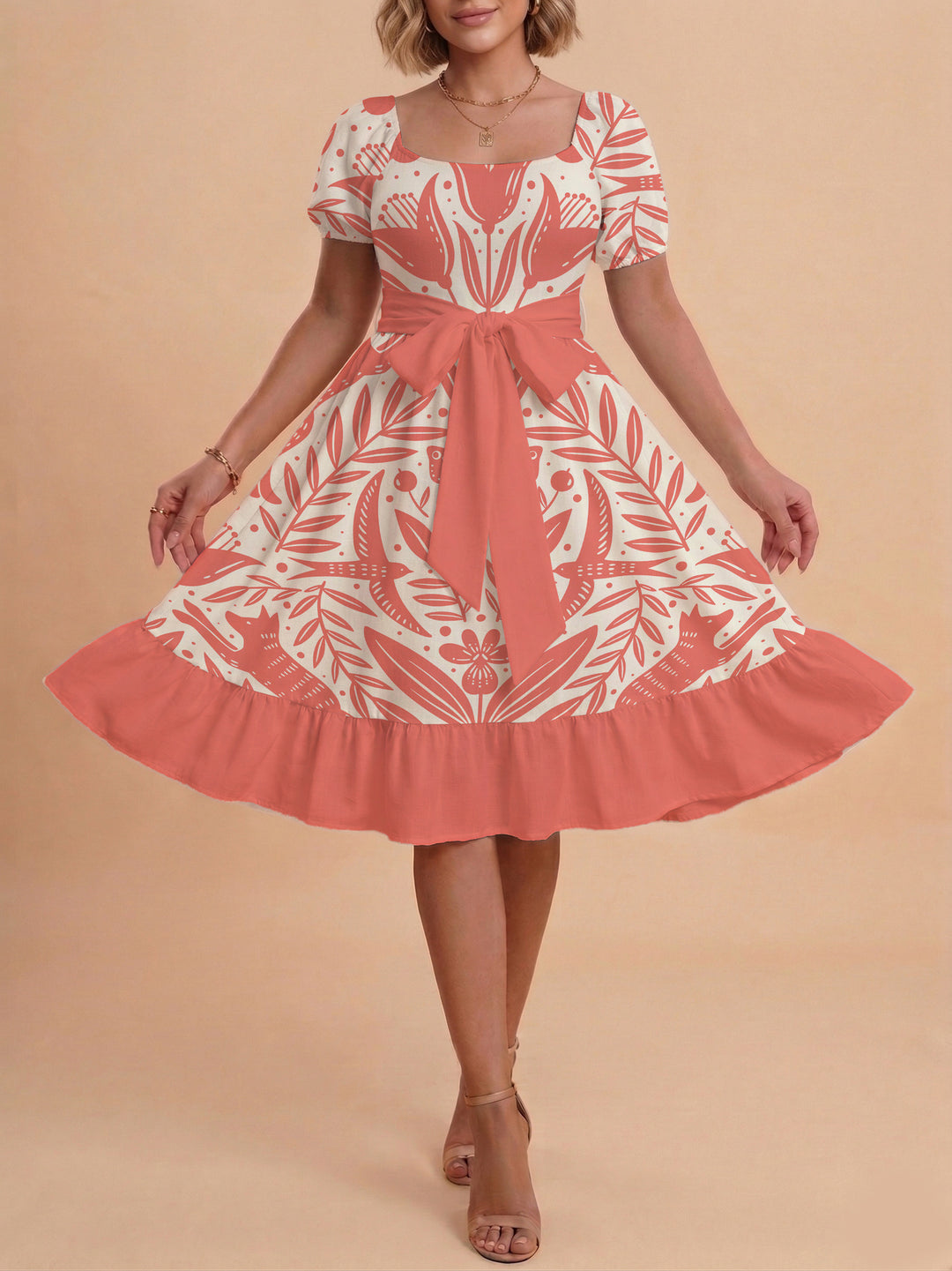 Damen Sommerkleid mit floralem Puffärmel und taillierbarem Gürtel Skjora