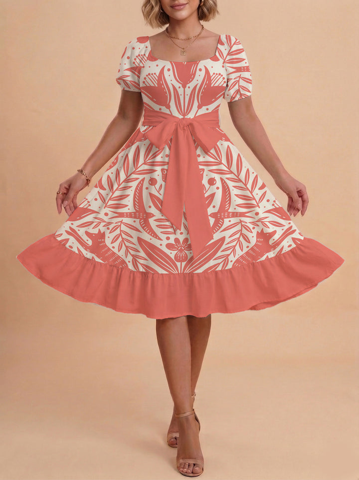 Damen Sommerkleid mit floralem Puffärmel und taillierbarem Gürtel Skjora