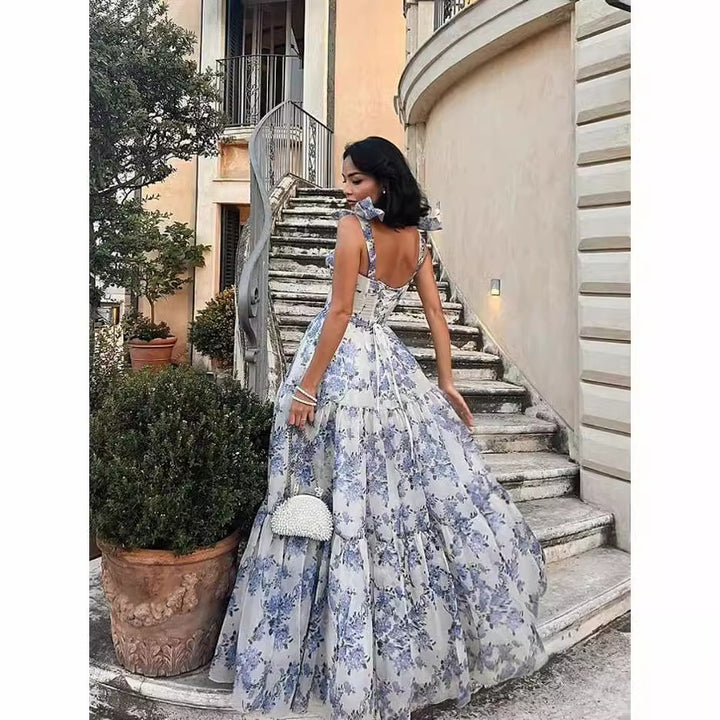Damer Elegant Maxi Kjole med Blomster Chiffon og Utsvakt Skjørt Skjora