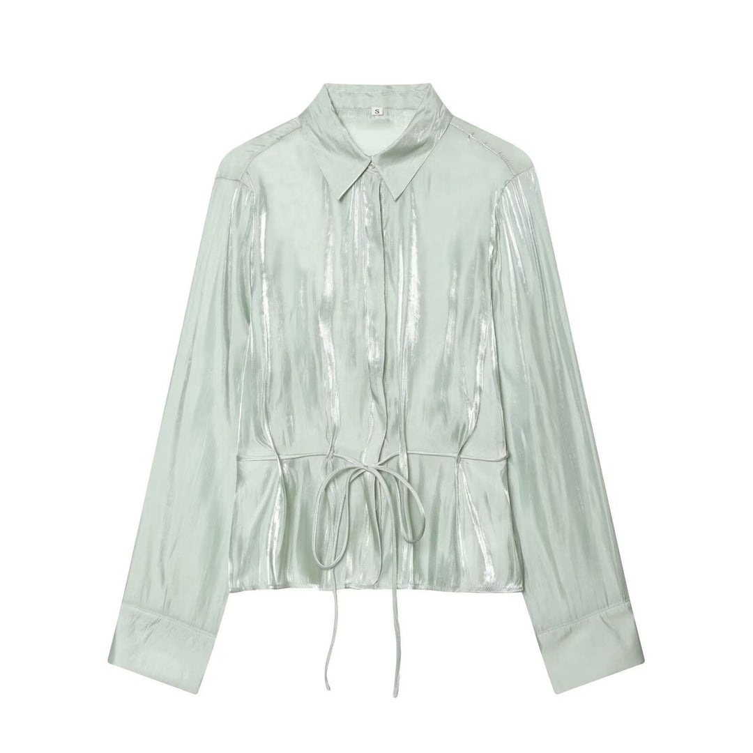 Damer glitrende bluse med justerbar midje og elegant krage Skjora