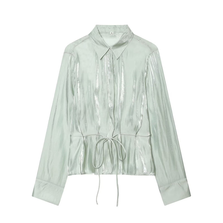 Damer glitrende bluse med justerbar midje og elegant krage Skjora