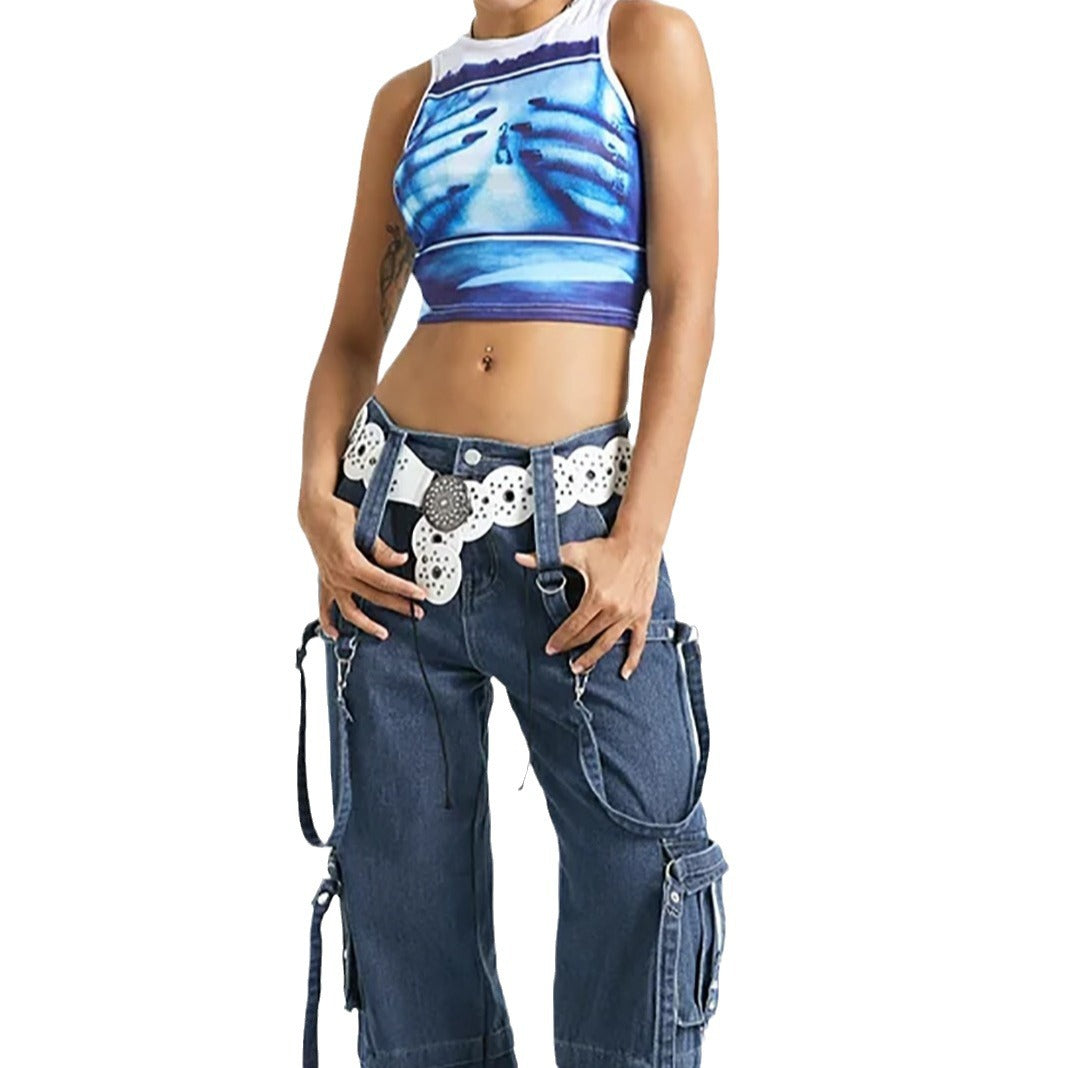 Dame Crop-Top med kreativ fotoprint og figursmalende snitt Skjora