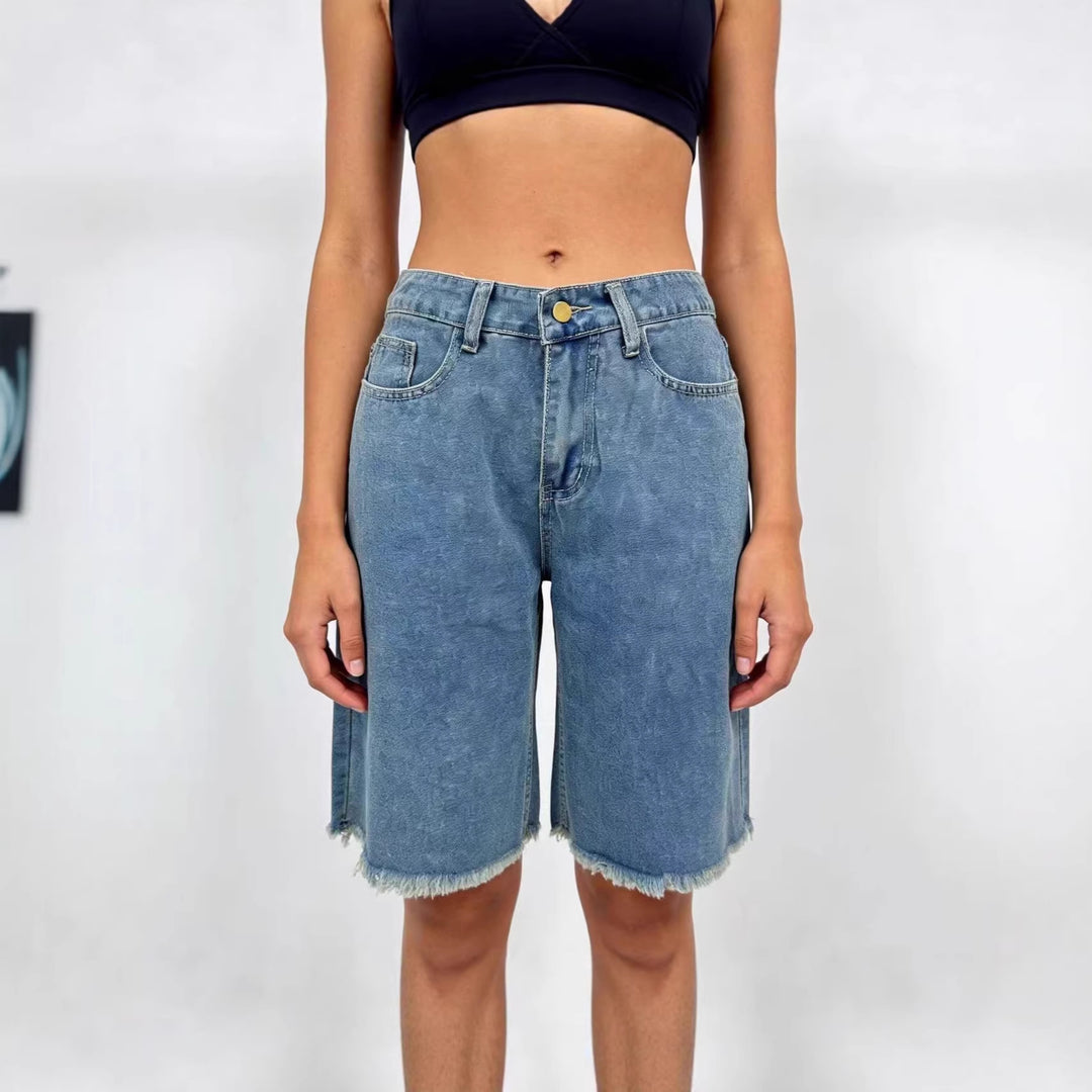 Dames casual denim-shorts med frynset kant og høy midje Skjora