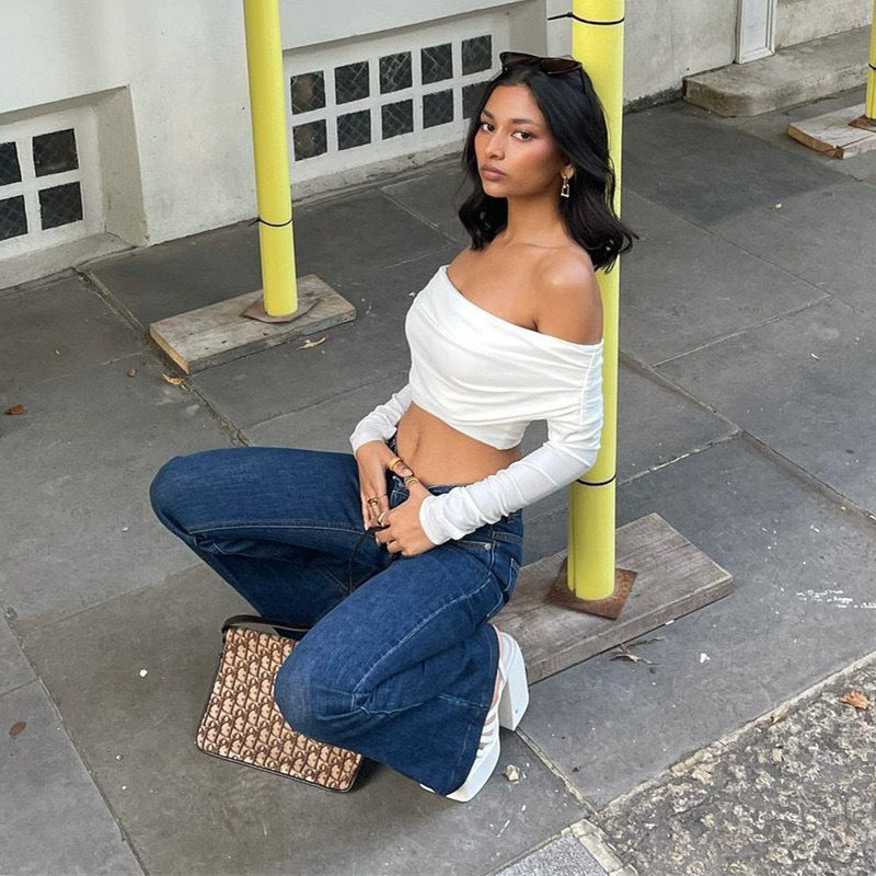Damer Offshoulder Crop-Top med rynke Skjora