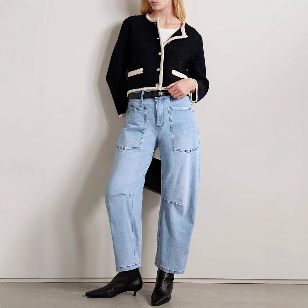 Dame halvhøy denim-bukse med unike påsydde lommer Skjora