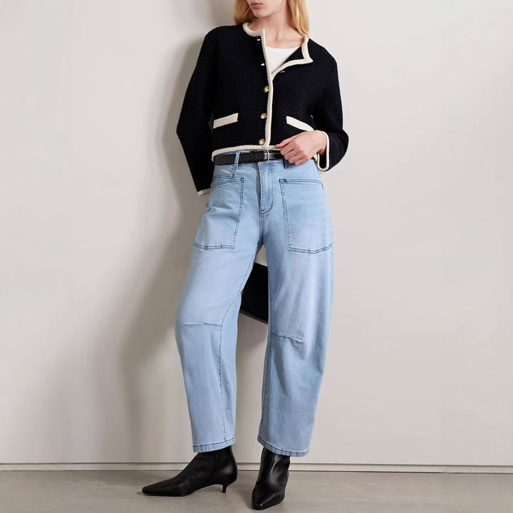 Dame halvhøy denim-bukse med unike påsydde lommer Skjora