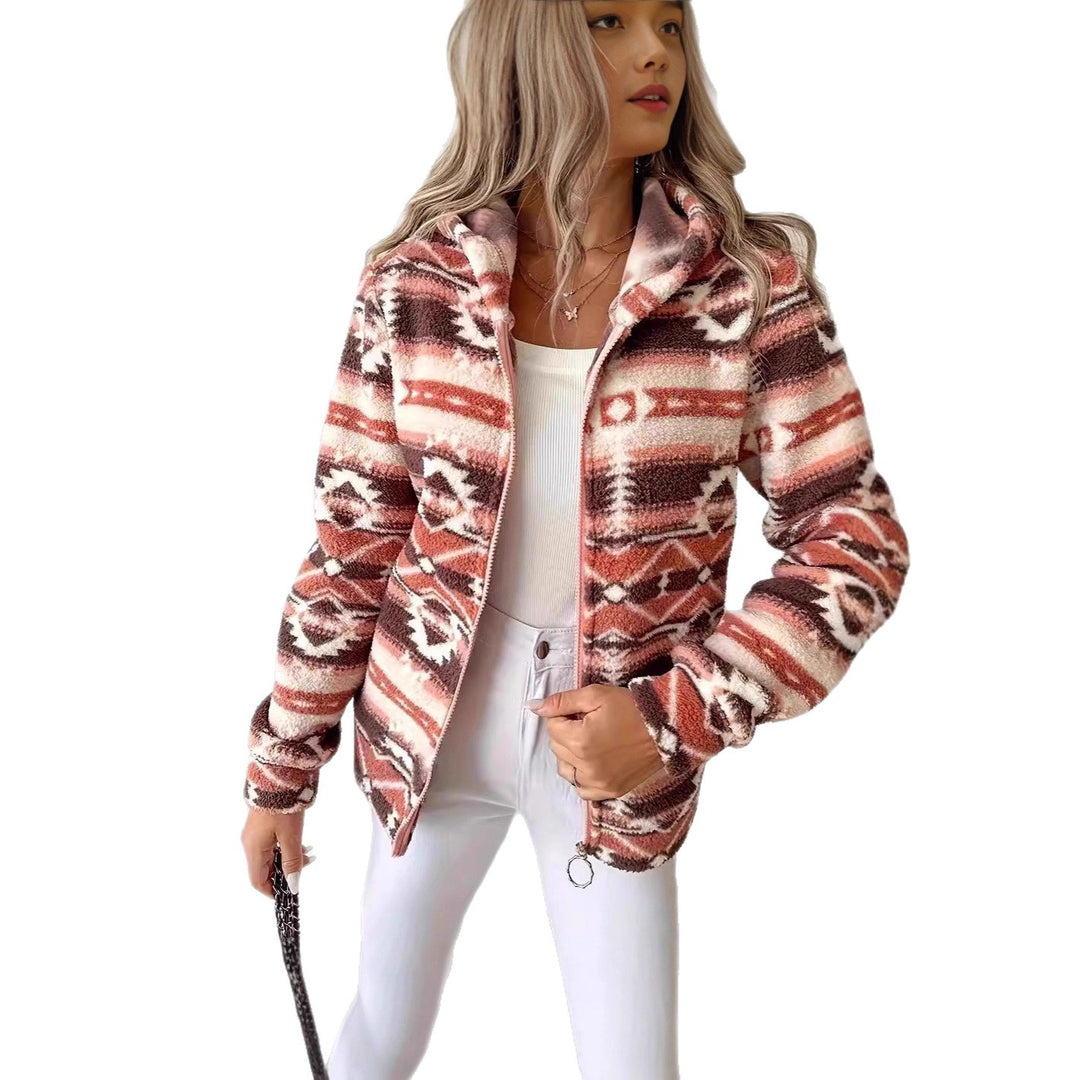 Women's fleece jacket with a tasteful ethnic pattern and practical Skjora zipper