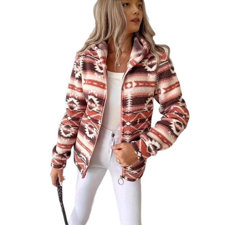 Women's fleece jacket with a tasteful ethnic pattern and practical Skjora zipper