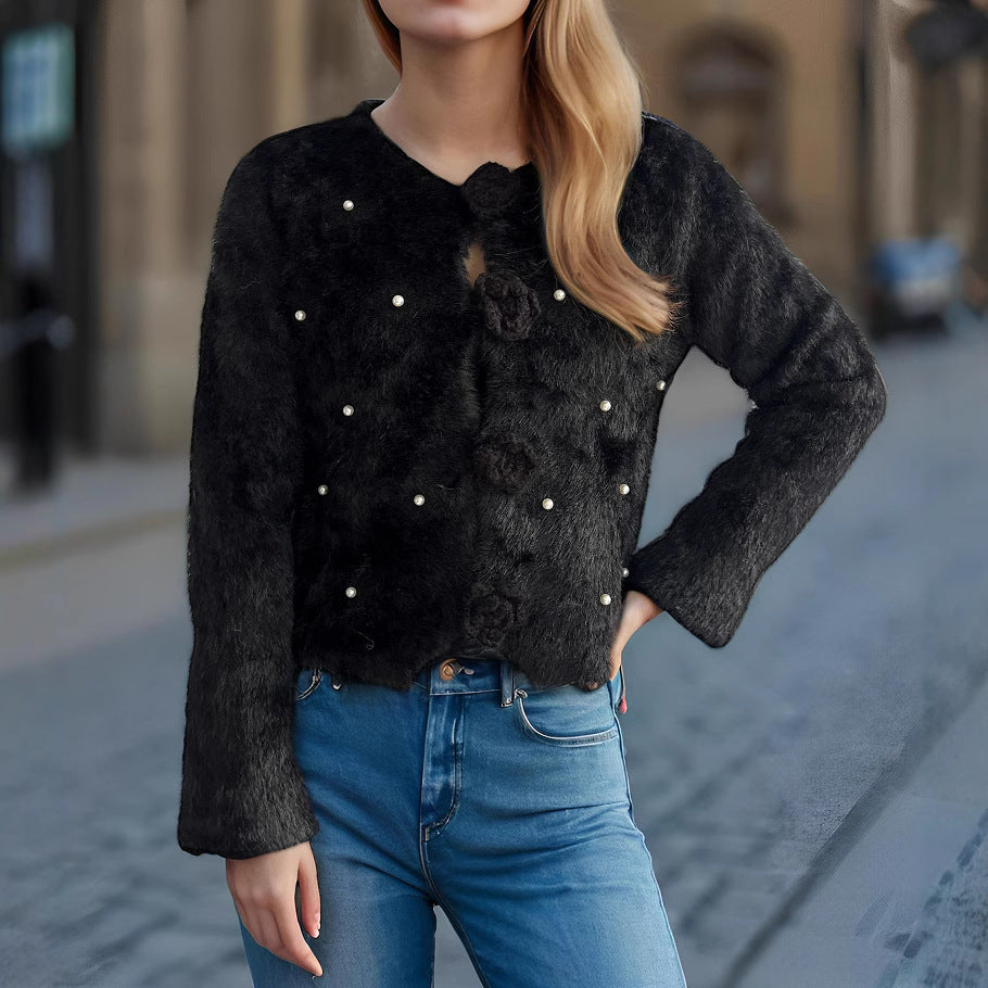 Dame fin cardigan med blomsterapplikasjoner og perleakcenter Skjora