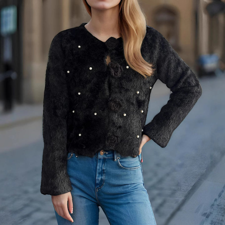 Dame fin cardigan med blomsterapplikasjoner og perleakcenter Skjora
