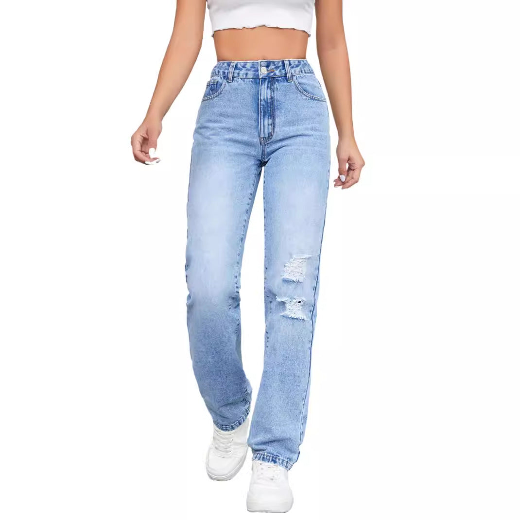 Damen høye jeans i avslappet vintage-stil med stilig destroyed-effekt Skjora