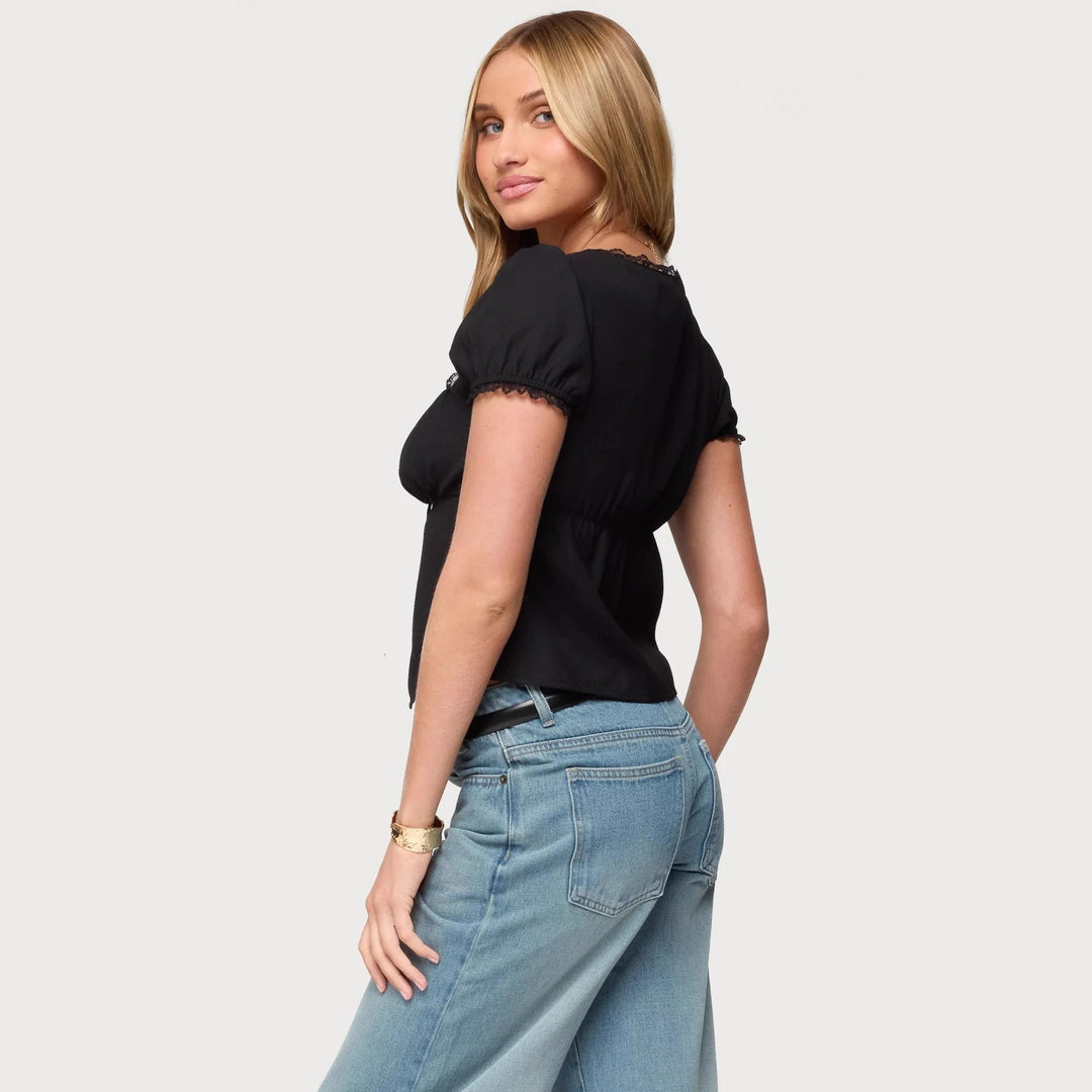 Damen Crop-Oberteil mit Spitzenbesatz und Schnürdetail Skjora