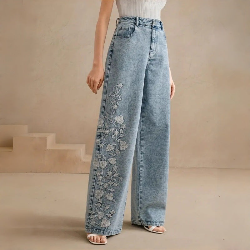 Dame Loose-Fit Jeans med blomsterbroderi Skjora