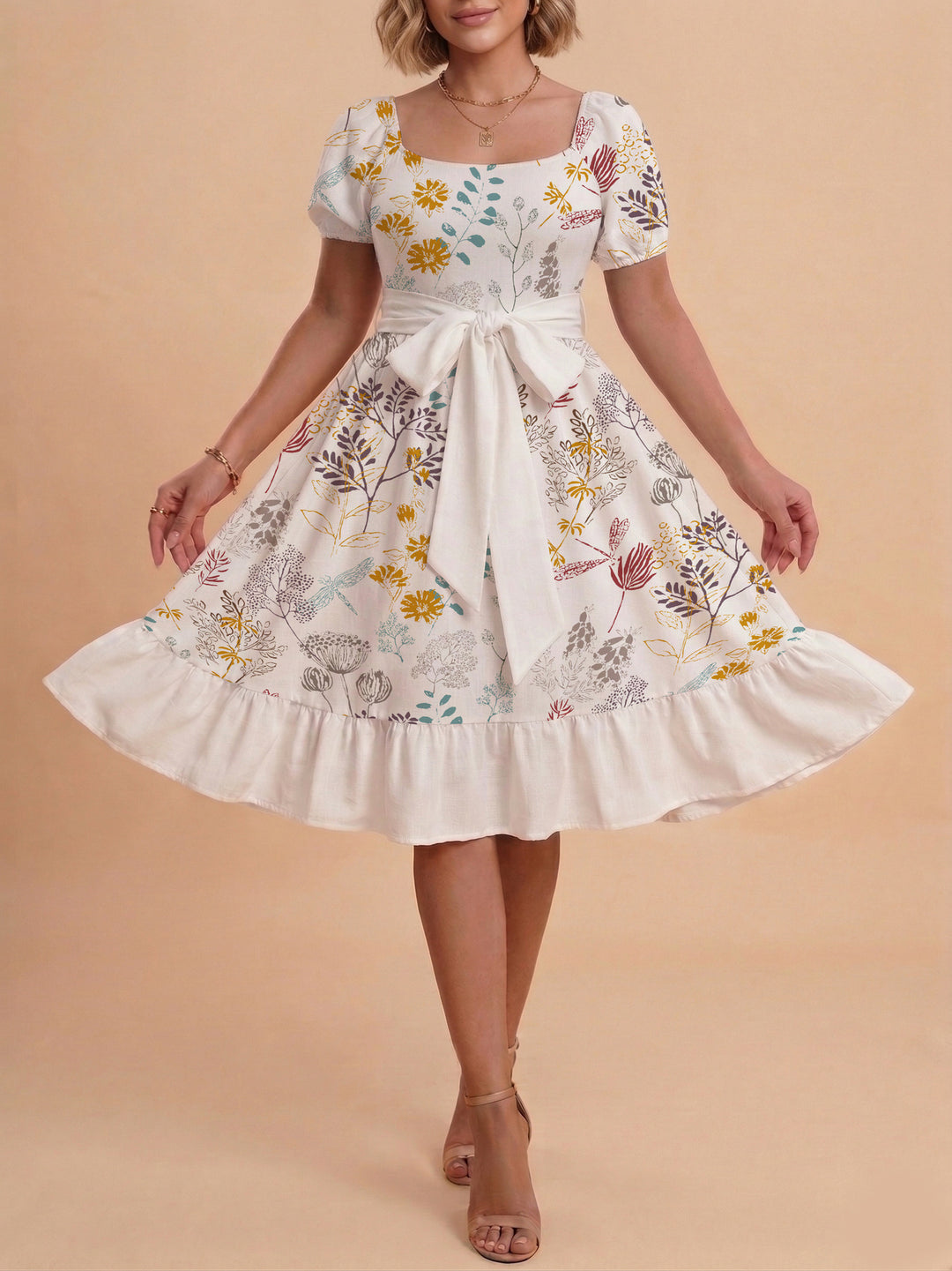 Damen modernes Blumenkleid mit elegantem Taillengürtel und asymmetrischem Saum Skjora