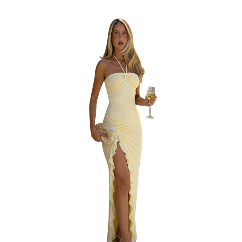 Kvinne Elegant Maxi Kjole med Ruffles Design og Halter Stropper Skjora