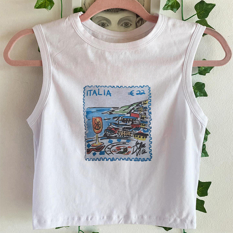 Dame ermeløs tanktop med kreativt postkortmotiv Skjora