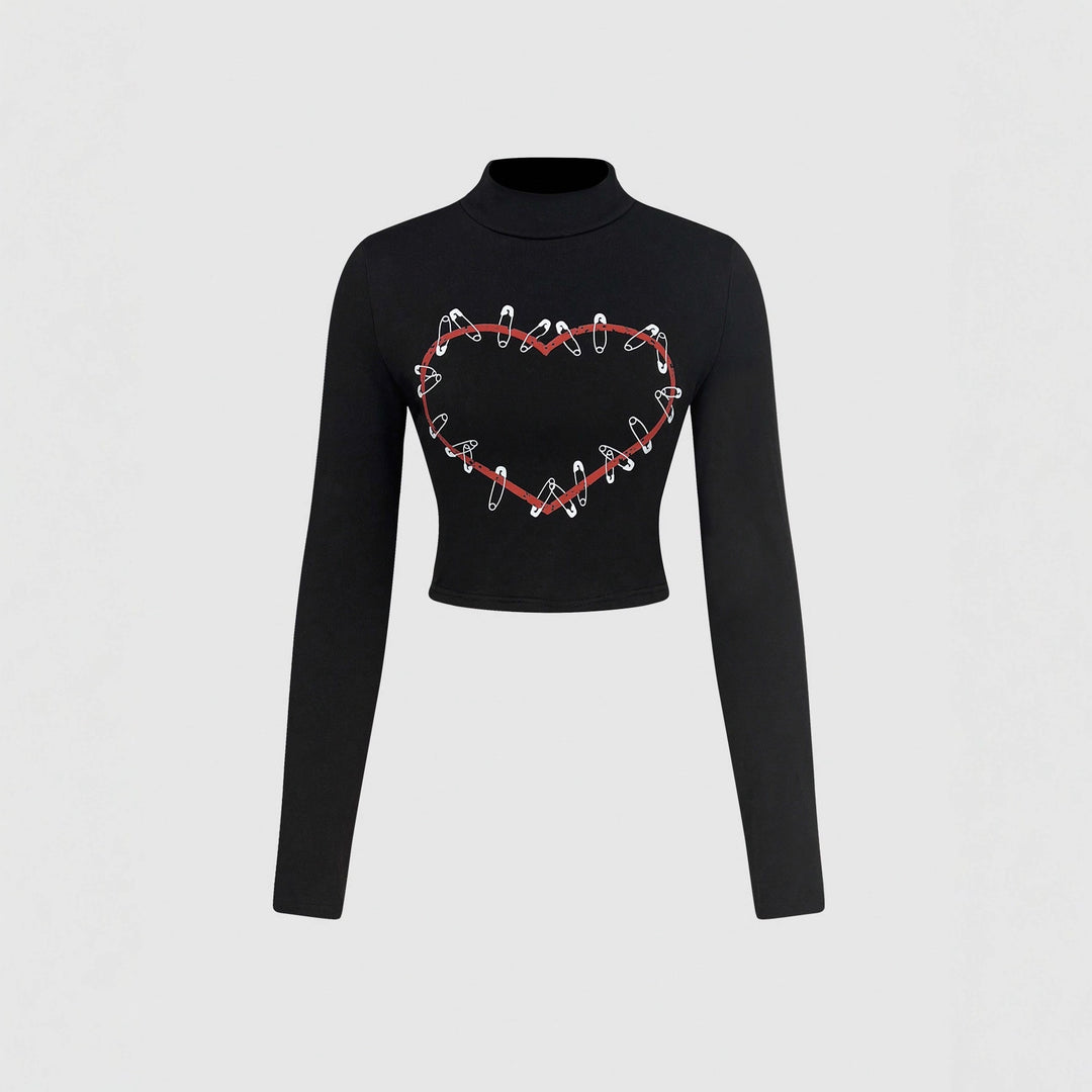 Kvinne Langermet Crop Topp med Kreativt Hjerte Design Skjora