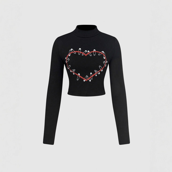 Kvinne Langermet Crop Topp med Kreativt Hjerte Design Skjora