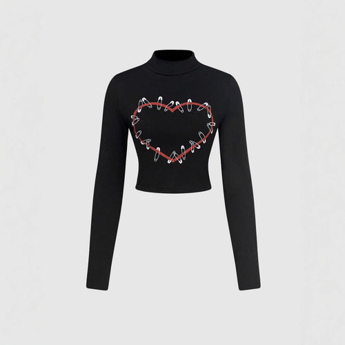 Kvinne Langermet Crop Topp med Kreativt Hjerte Design Skjora