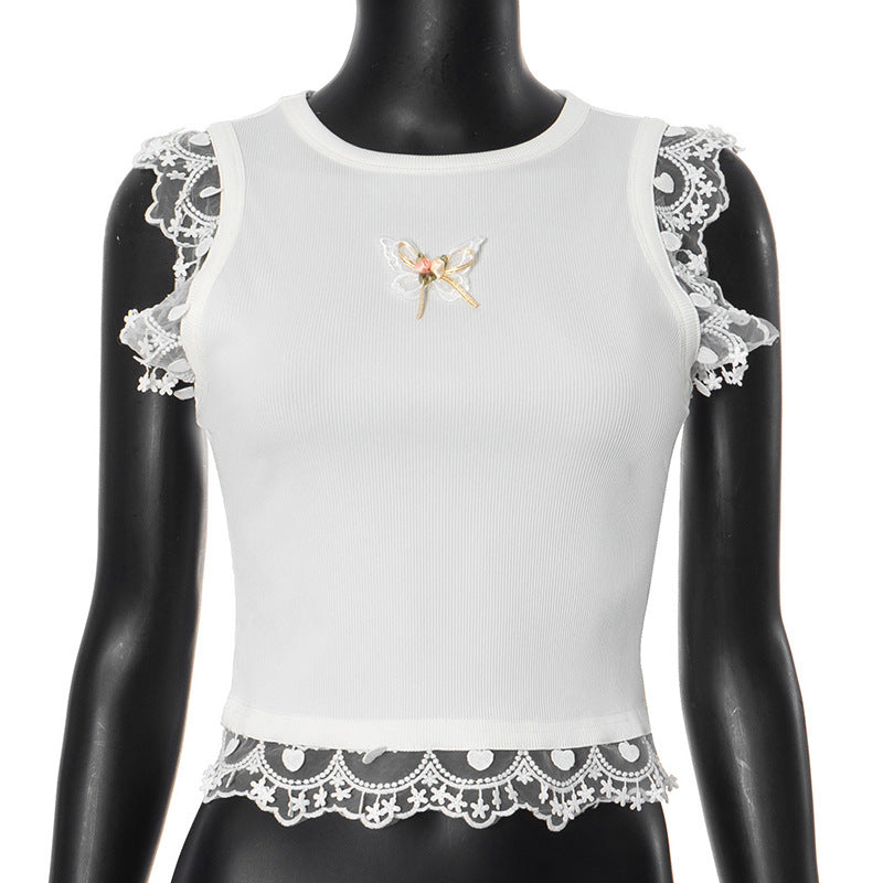 Dame delikat Crop-Top med romantisk blondekant Skjora
