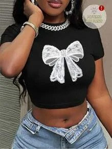 Dame Crop-Top med kunstnerisk statement-trykk Skjora