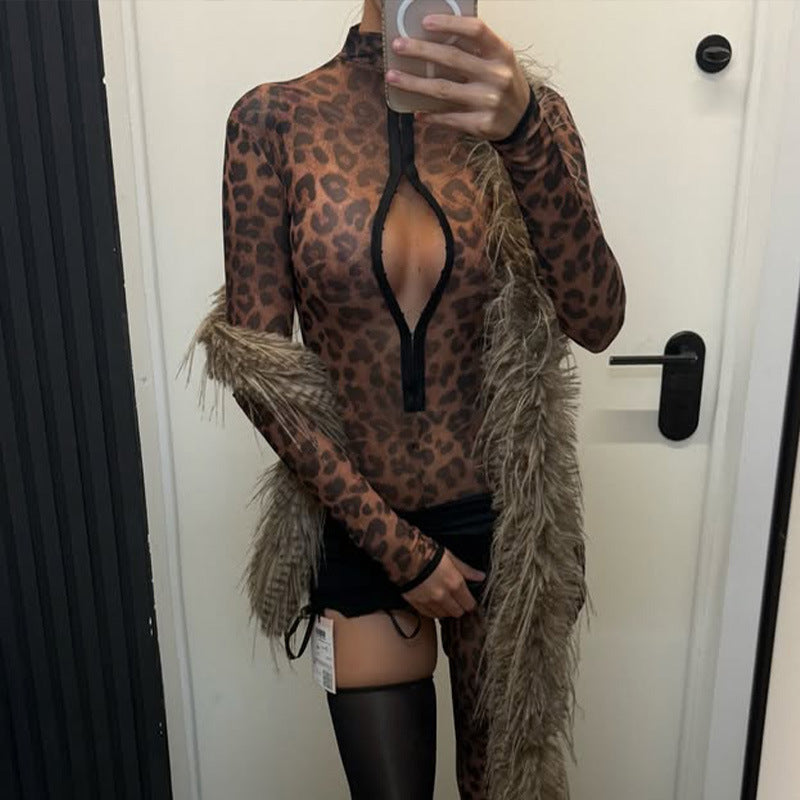 Dame Modisk Bodysuit med dyp V-hals og leopardmønster Skjora