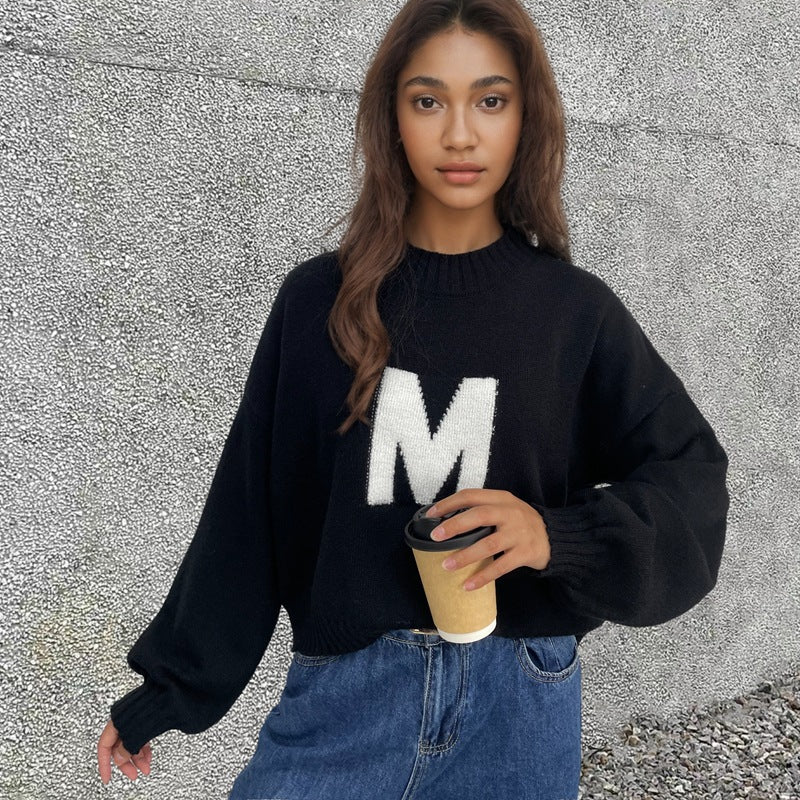Damer Oversized Strikkegenser med Unik Frontdesign Skjora