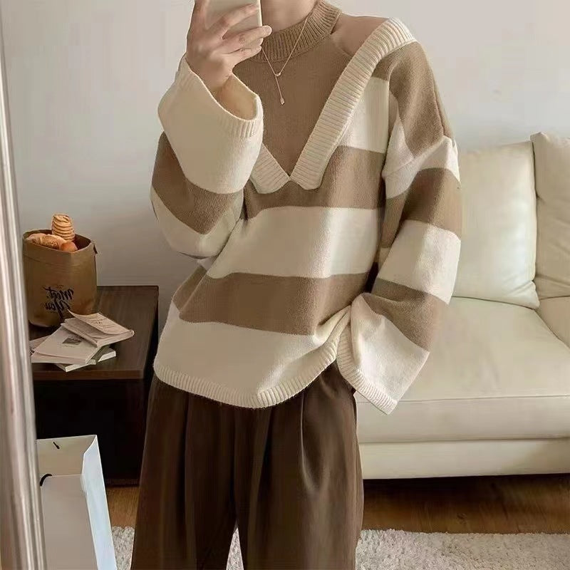 Kvinnens avslappede genser med moderne stripemønster og skuldersnitt Skjora