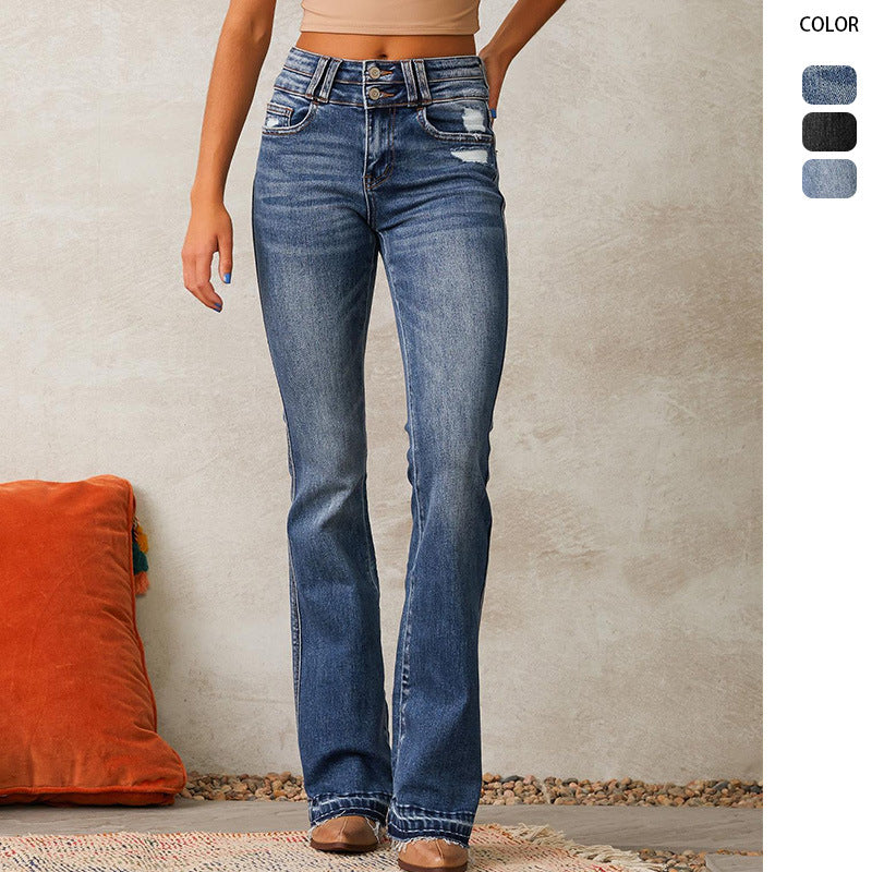 Kvinnelige flared jeans med høy midje og fashionable ødelagt effekt Skjora