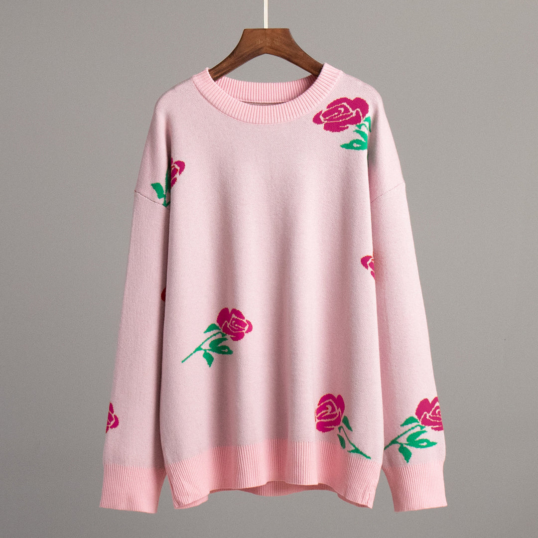 Kvinnes mønstrete strikkegenser med blomsterdesign og løs passform Skjora