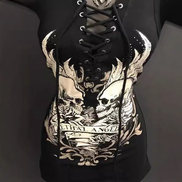 Dame Rockabilly Kjole med snøring og grafisk print Skjora