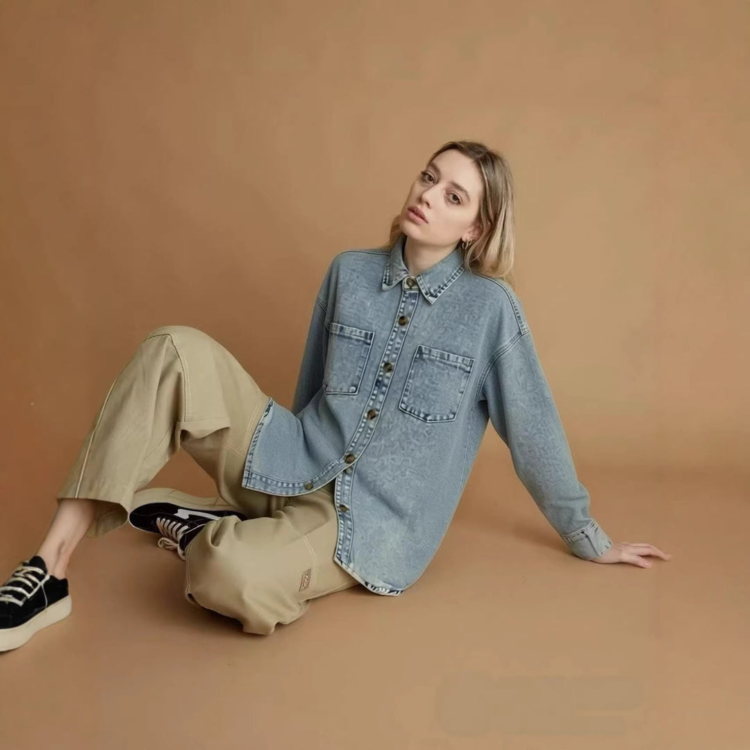Dame Oversized Denim-skjorte med påsydde lommer Skjora