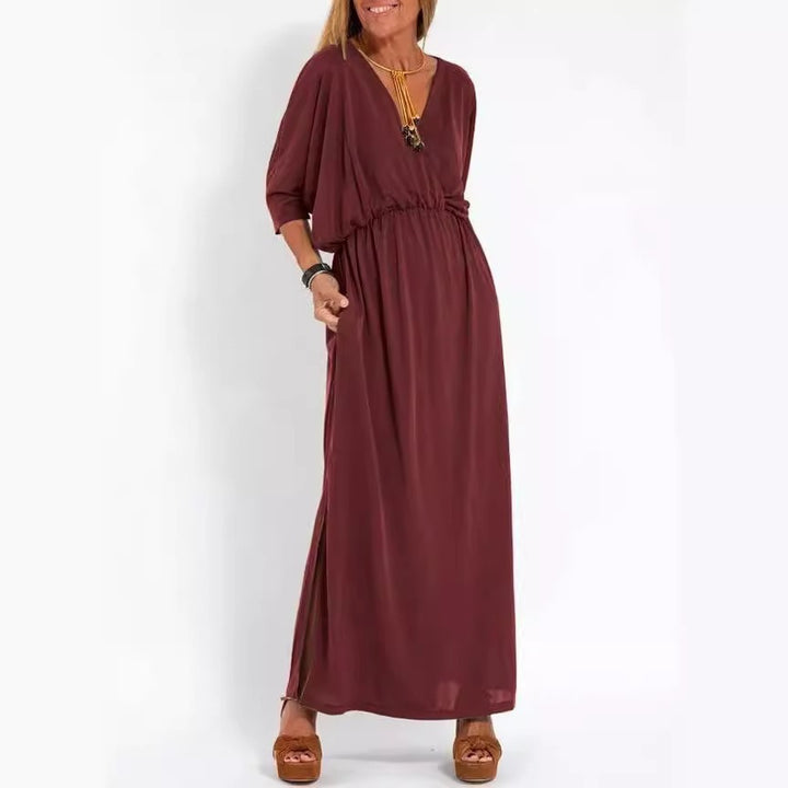 Kvinne elegant maxi kjole med sidesplit og fleksibel midje Skjora