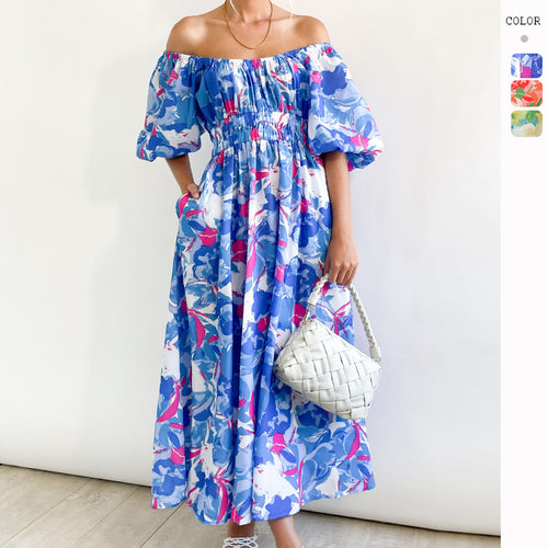 Kvinnenes Off-Shoulder Maxi Kjole med Blomster Mønster og Elastisk Midje Skjora
