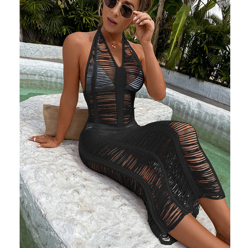 Damen Häkel-Strandkleid mit fransigen Elementen und hoher Taille Skjora