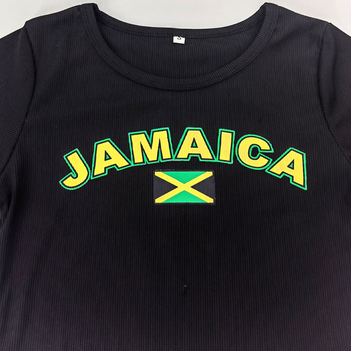 Dame cropped T-skjorte med jamaicansk motiv og trendy tekst Skjora