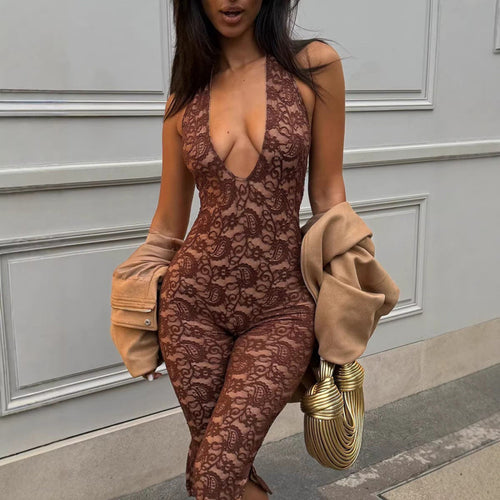 Dame Elegant Spiss-Jumpsuit med dyp V-hals og tettsittende silhuett Skjora